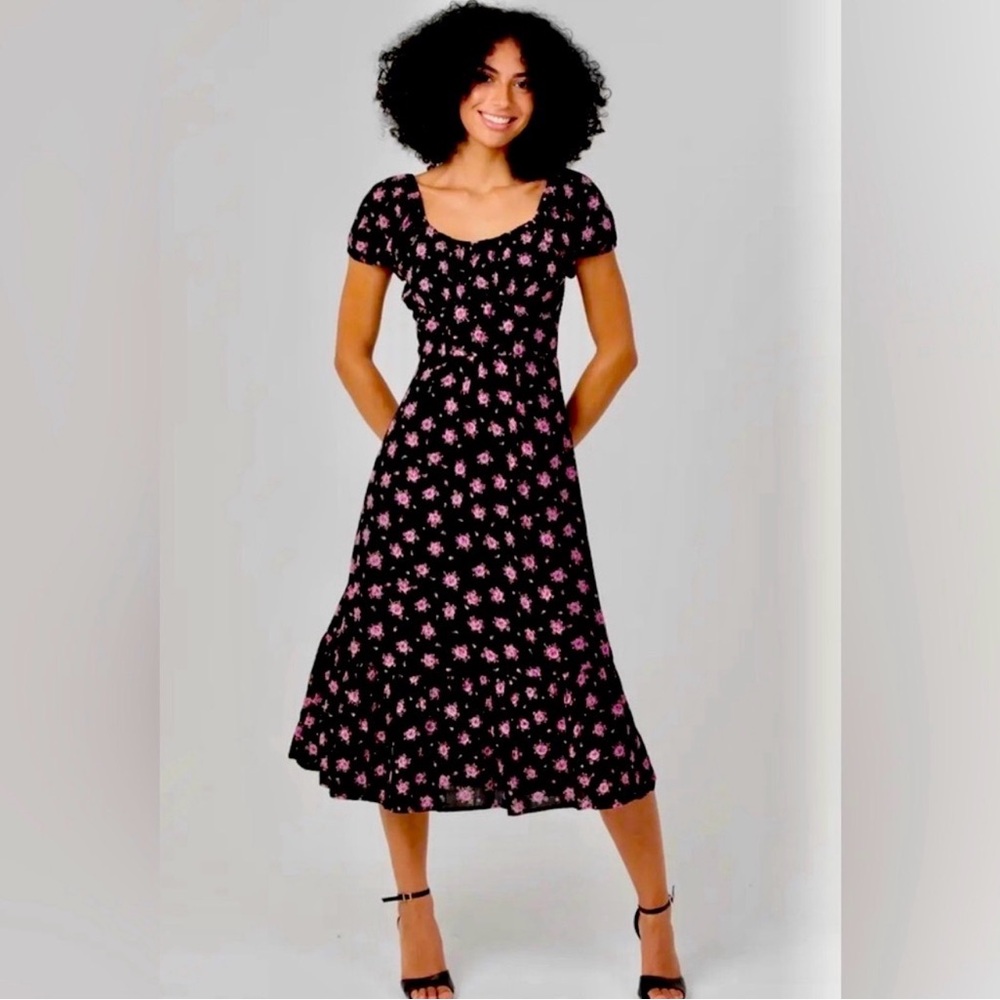 NWT Angie Black Floral Midi Dress | Cottagecore Boho Puff Sleeve Romantic Dress
